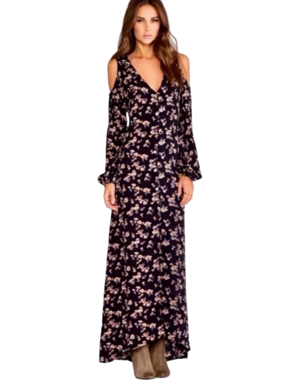 Flynn Skye Floral Maxi Dress Cold Shoulder Long Sleeve Boho chic wedding guest M